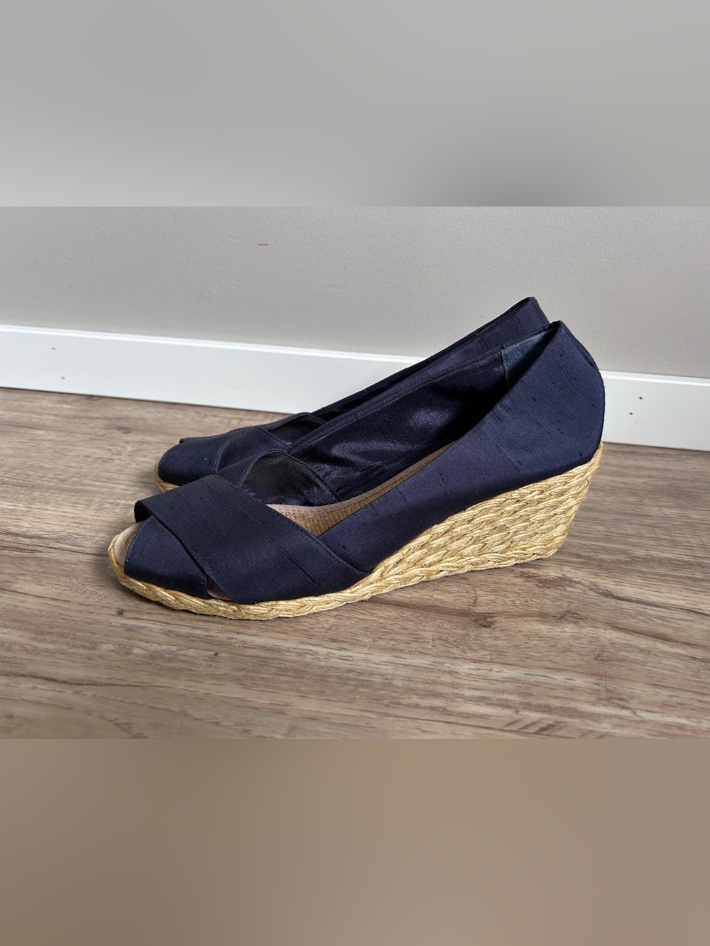 Ralph Lauren silk blend Wedge Espadrille Peep-Toe Navy summer beach vacation
